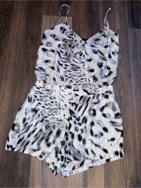 Parker Black and White Satin Romper with Animal Print Trim